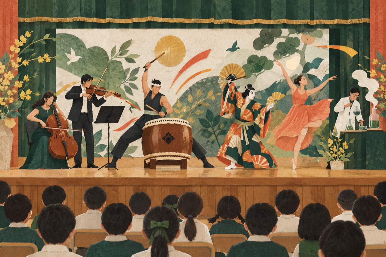 音楽、和太鼓、演劇、ダンス、科学の多様な舞台を描いたイラスト